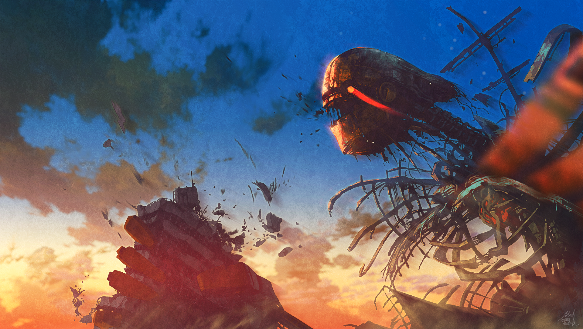 HD PC desktop wallpaper/background — Sabikui Bisco anime: a colossal rusted skeletal monster looms over a sunlit, crumbling landscape at sunset.