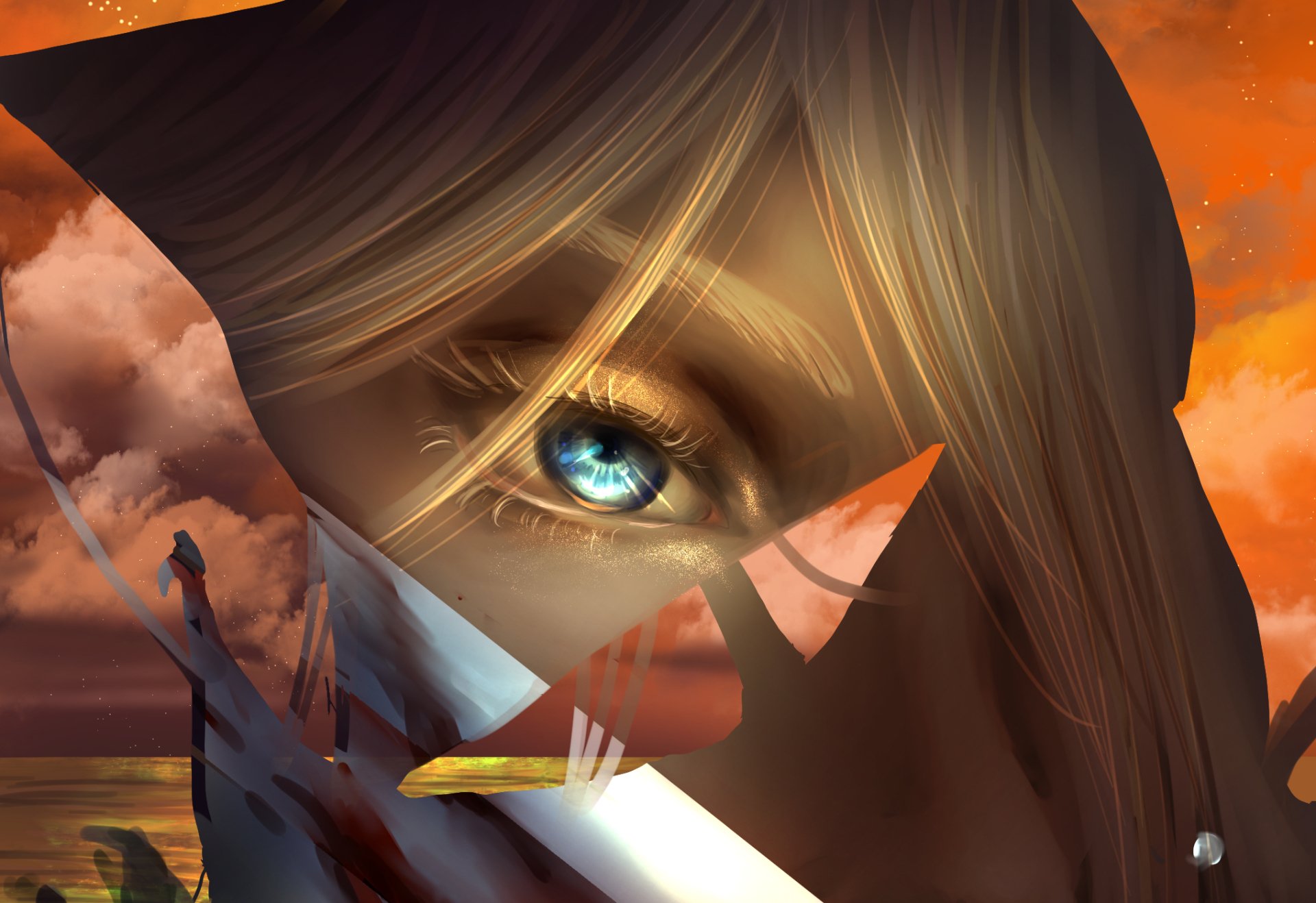 Anime Vinland Saga HD PC desktop wallpaper background showing a close-up of a blond warrior's blue eye reflected in a sword blade against an orange sunset sky.
