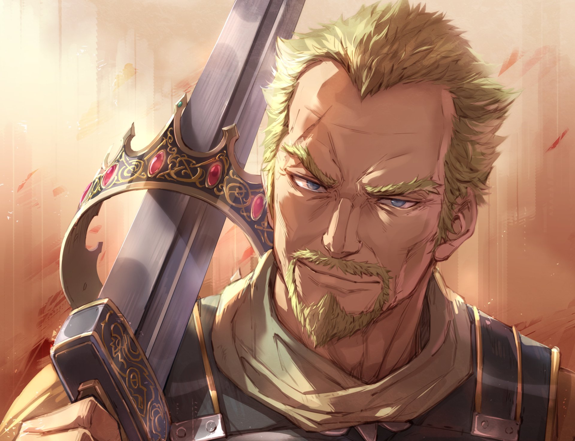 HD PC wallpaper featuring Askeladd from the anime Vinland Saga, showcasing his intense expression and detailed sword in a dynamic, warm-toned background.