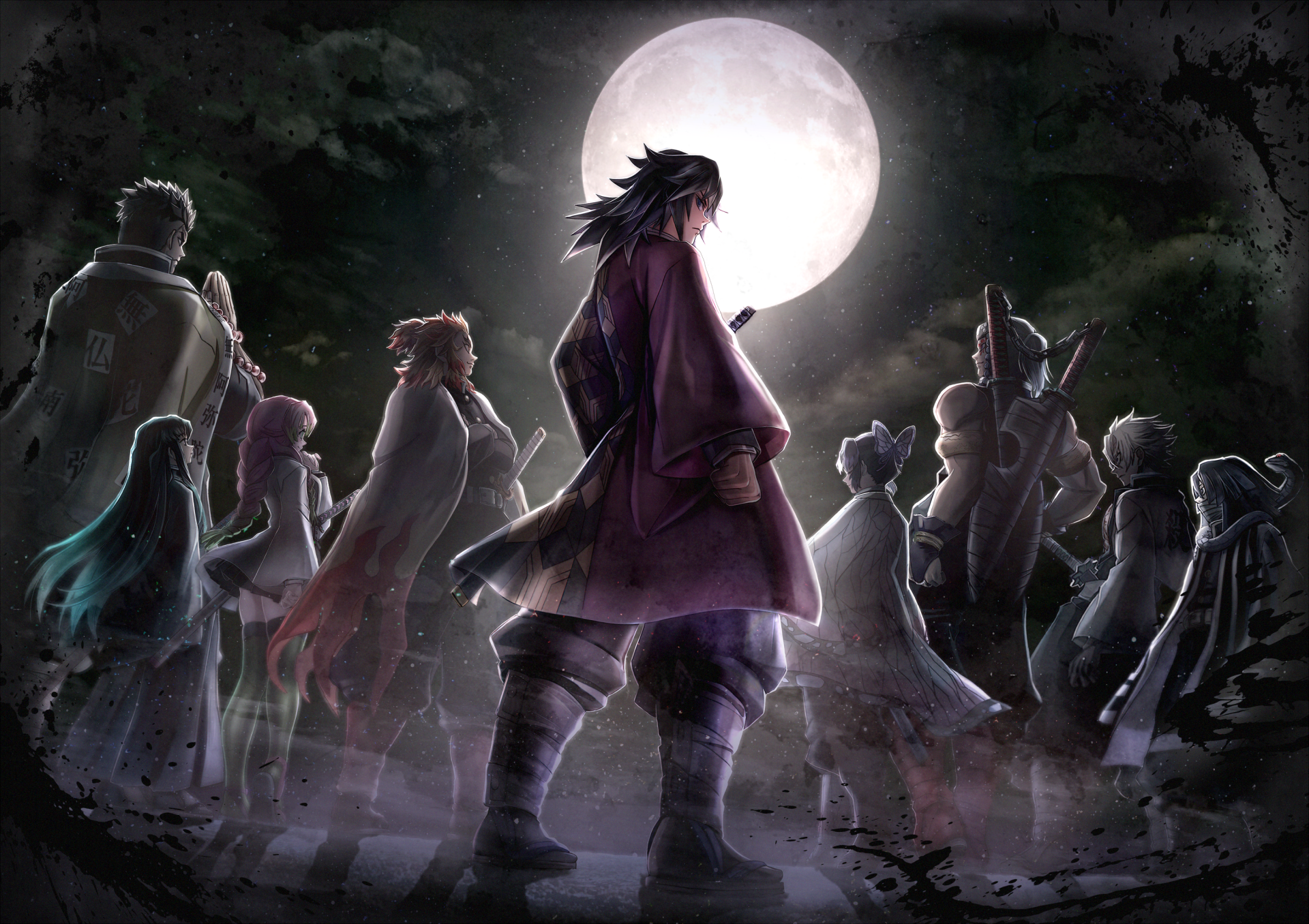 HD anime desktop wallpaper featuring Tengen Uzui, Shinobu Kochou, Sanemi Shinazugawa, Obanai Iguro, Muichiro Tokito, Mitsuri Kanroji, Kyojuro Rengoku, Gyomei Himejima, and Giyuu Tomioka from Demon Slayer: Kimetsu no Yaiba.