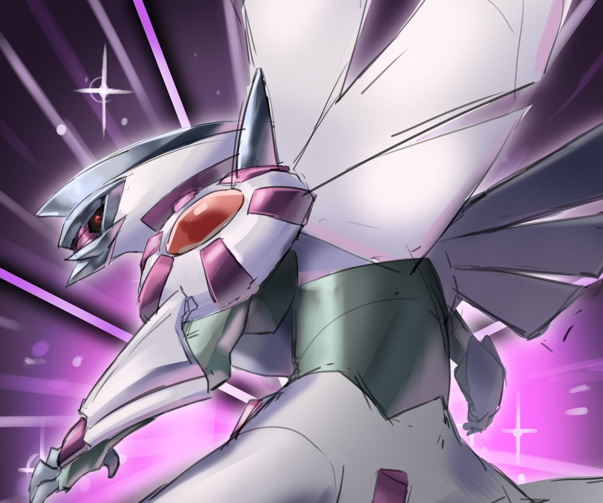 HD PC desktop wallpaper: anime-style image of Palkia (Pokémon), the legendary Pokémon, striking a dynamic pose against a glowing purple cosmic background.