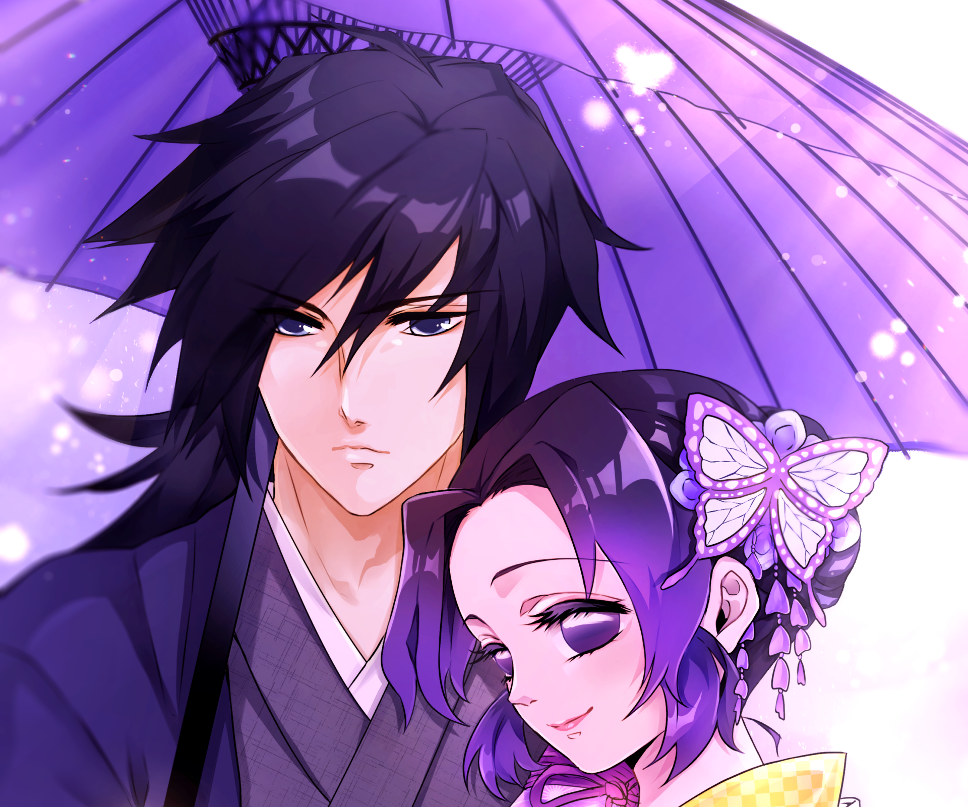 2K Quad HD PC wallpaper of Giyuu Tomioka and Shinobu Kochou from Demon Slayer: Kimetsu no Yaiba — close portrait under a glowing purple umbrella with soft bokeh.