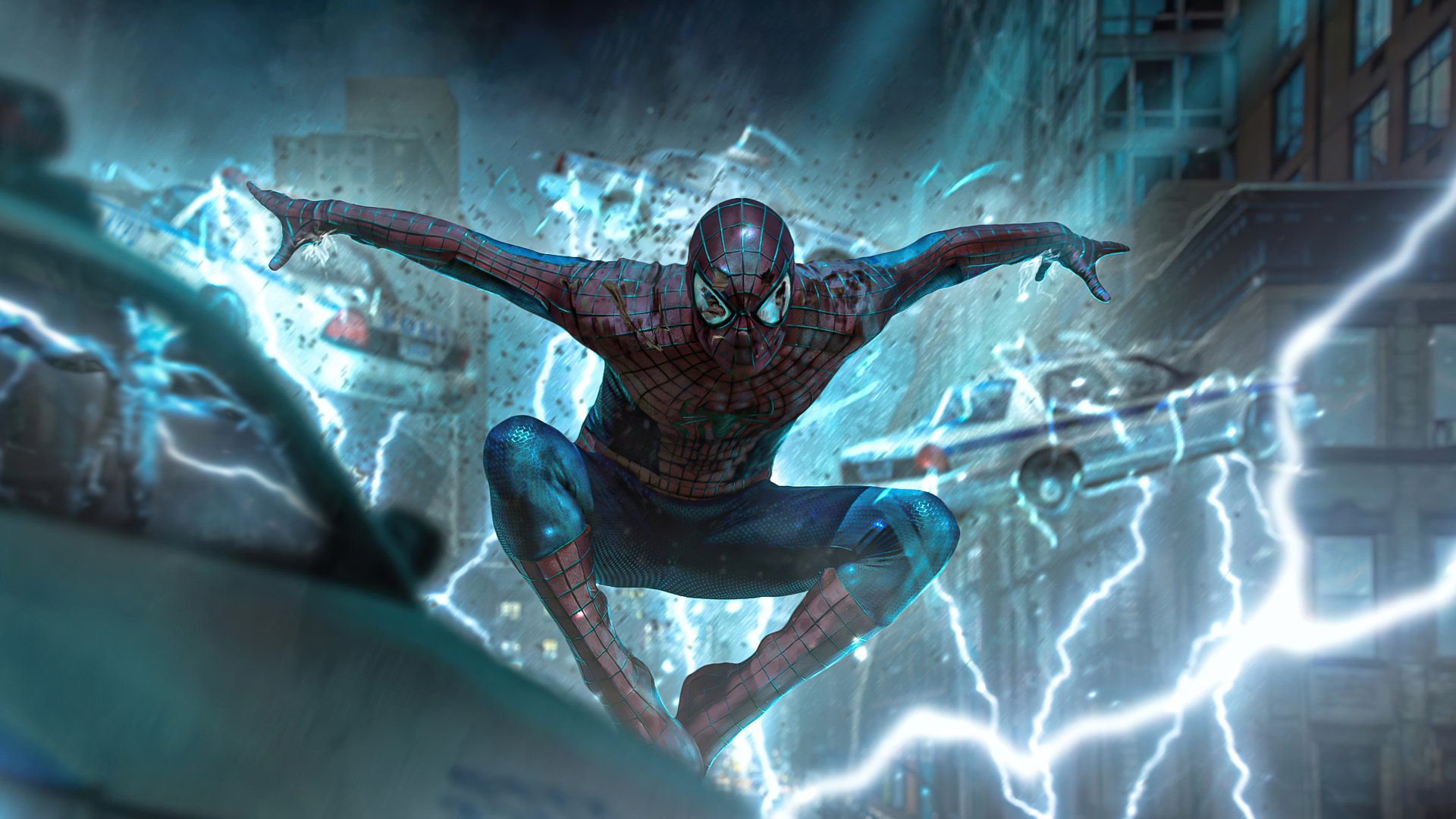 Comic-style Spider-Man crouching on a rooftop amid crackling blue lightning, vivid action scene rendered as a 4K Ultra HD PC desktop wallpaper.