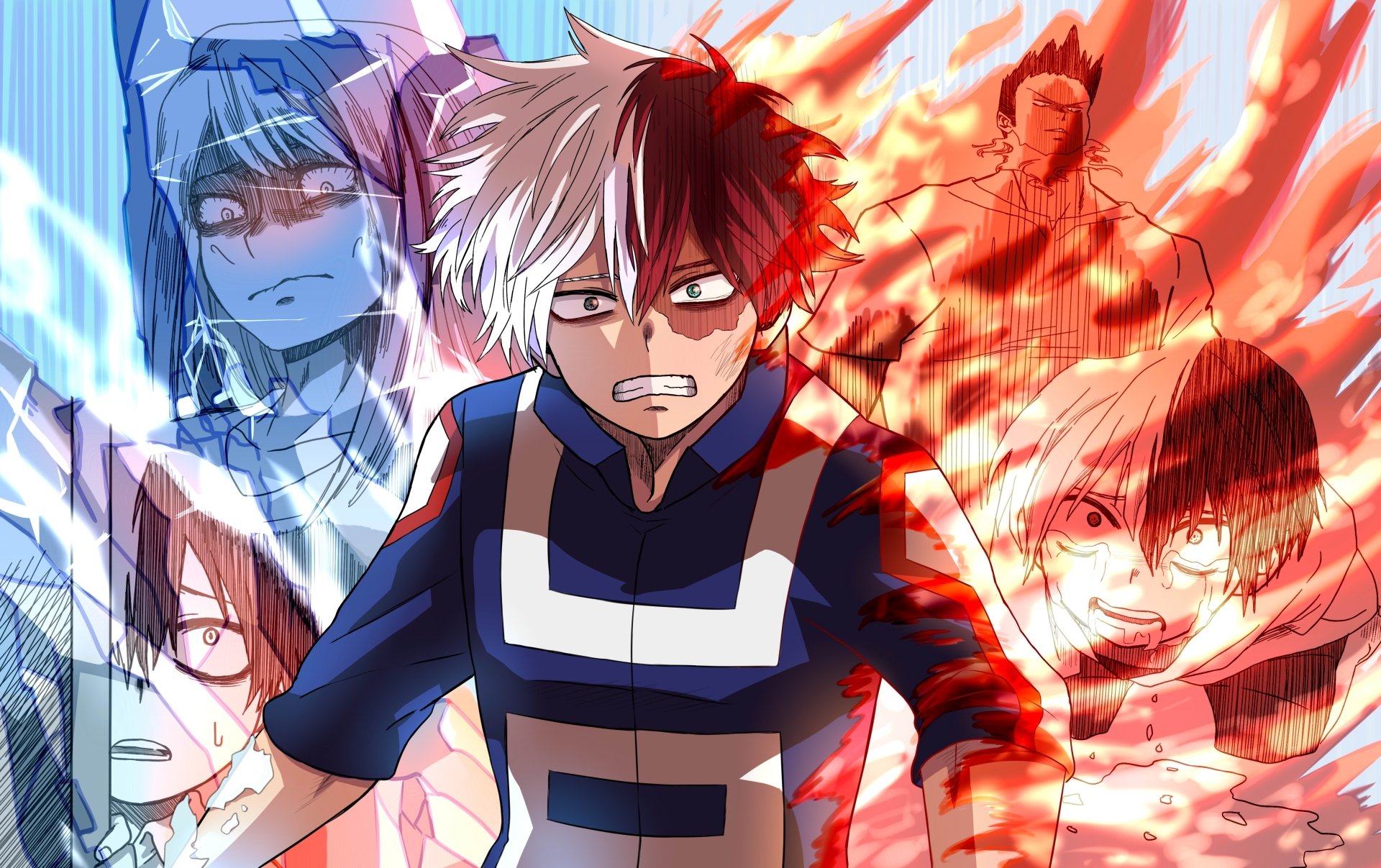 4K Ultra HD anime wallpaper featuring Shoto Todoroki from My Hero Academia, showcasing his dual ice and fire powers with intense, dynamic artwork.