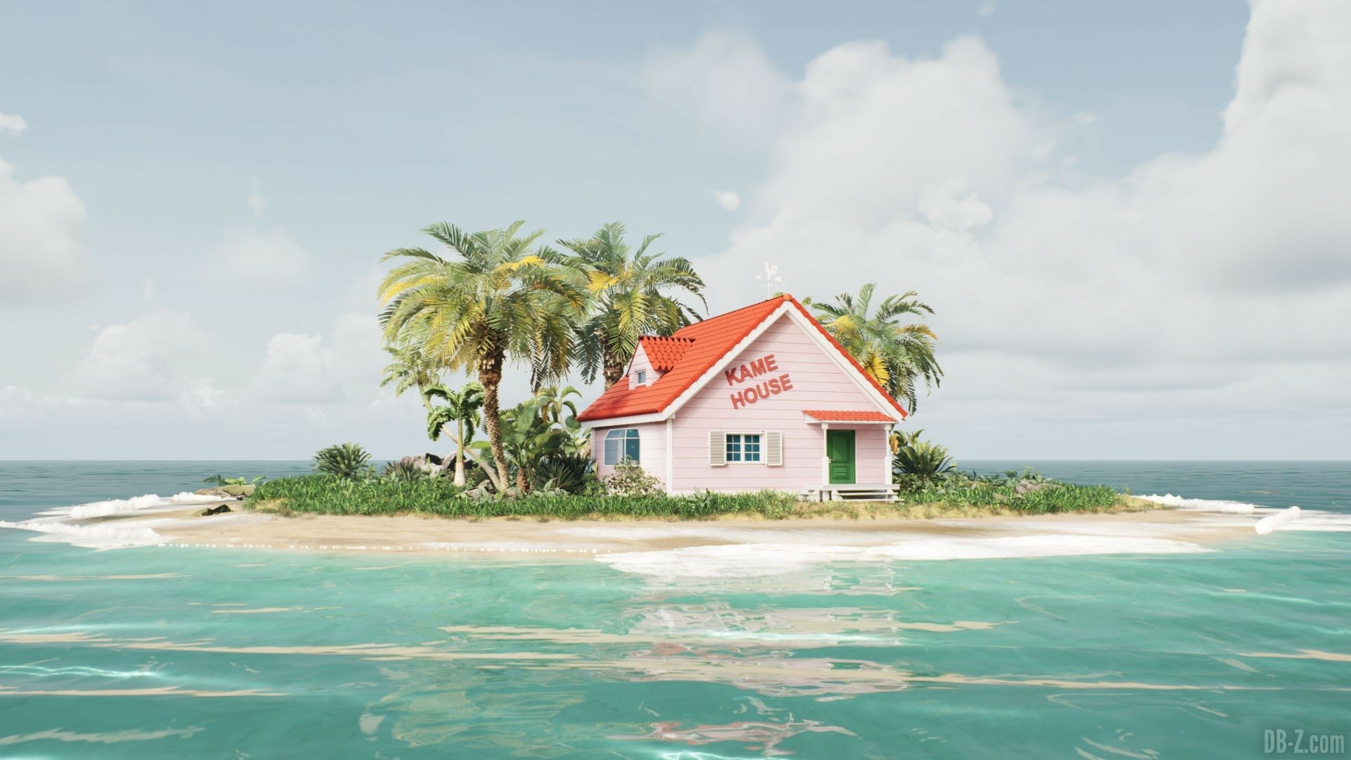HD PC desktop wallpaper/background: Kame House from Dragon Ball — pink anime beach house on a tiny palm‑fringed island with turquoise water and a cloudy sky.