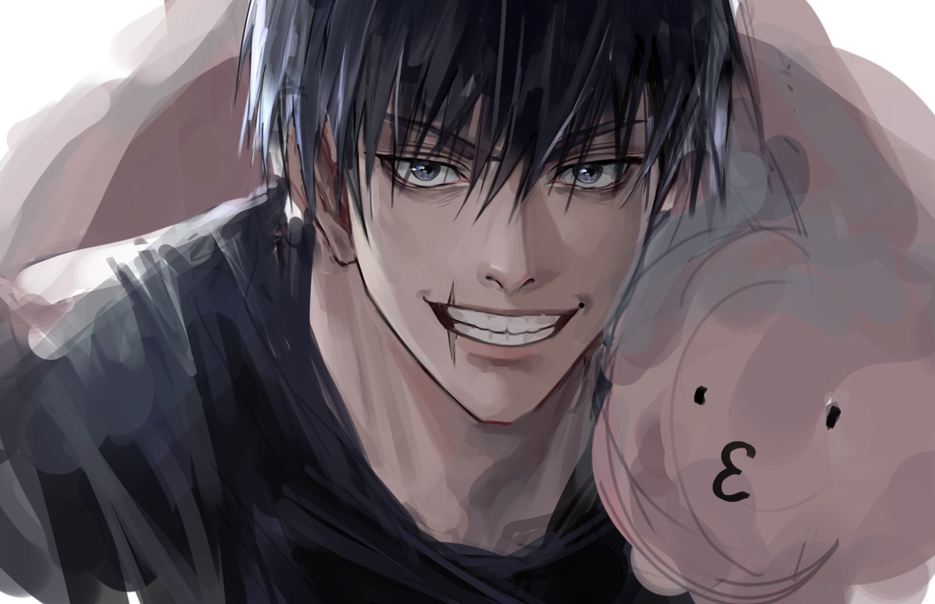 Toji Fushiguro (Jujutsu Kaisen) smirking, dark-haired, holding a pink plush bear — 2K Quad HD PC desktop wallpaper/background.
