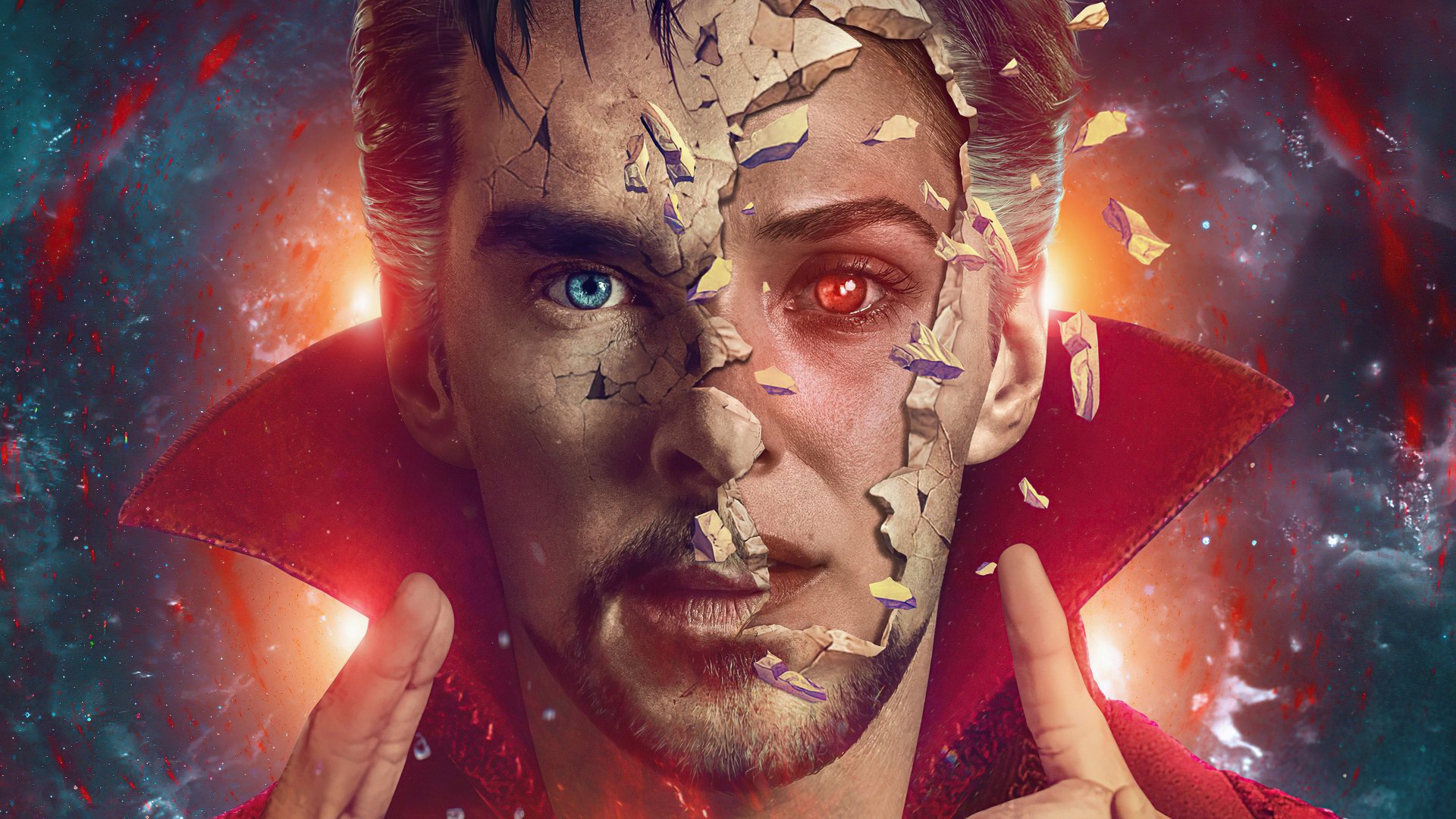 4K Ultra HD wallpaper featuring Benedict Cumberbatch as Doctor Strange with Scarlet Witch merged face, inspired by Doctor Strange in the Multiverse of Madness movie.