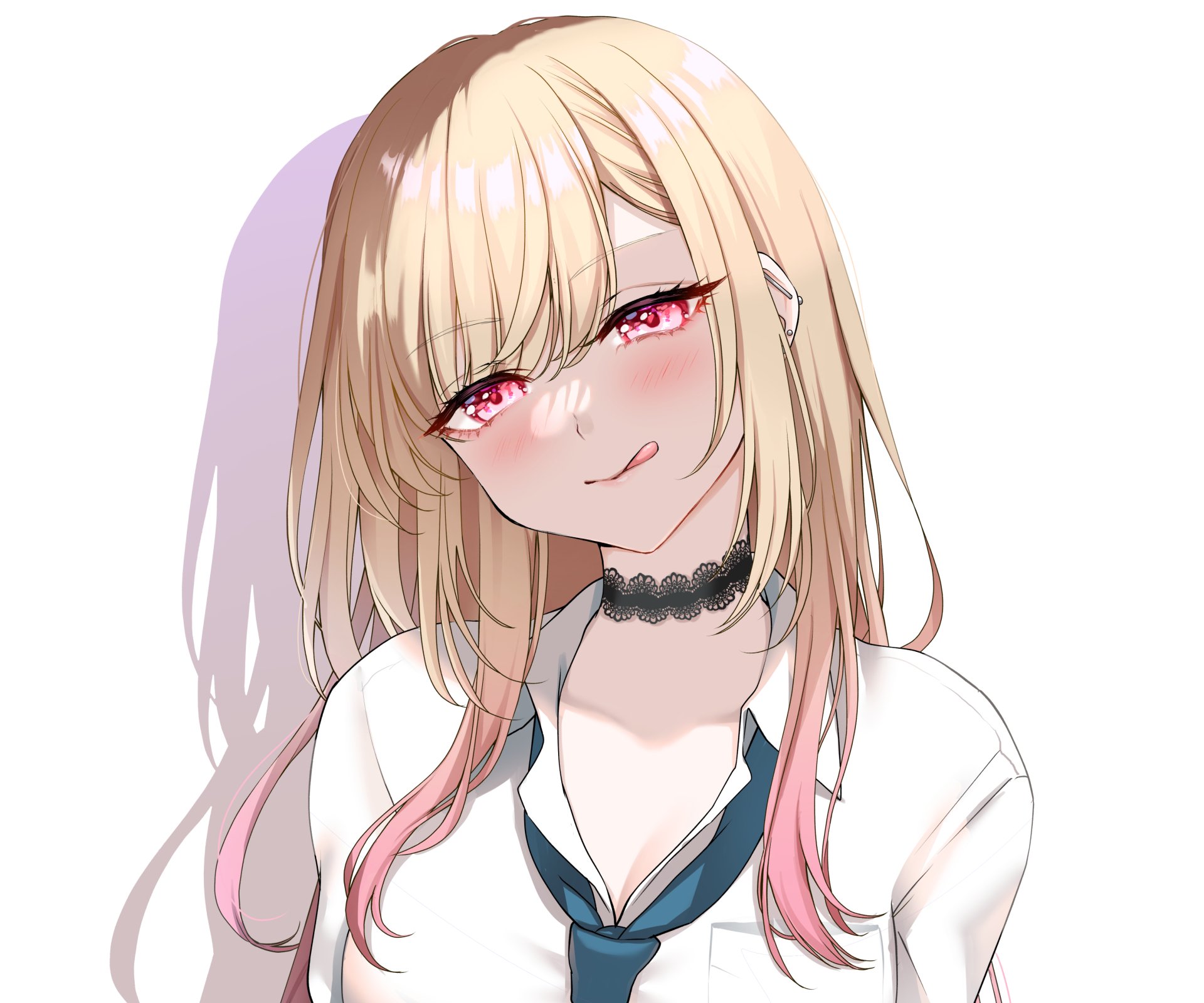 HD PC desktop wallpaper of Marin Kitagawa from the anime My Dress-Up Darling — close-up of her smiling, pink-streaked blonde hair, red eyes, and choker against a pale background.