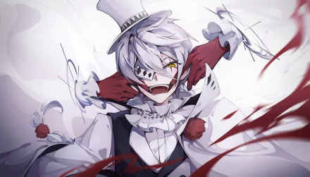 HD PC anime wallpaper: Nikolai Gogol (Bungou Stray Dogs) as a white‑haired, grinning trickster in a top hat and ruffled suit, crimson ribbons swirling around him.