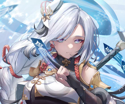 HD PC desktop wallpaper featuring Shenhe from the video game Genshin Impact, showcasing her detailed character design and icy-themed background.