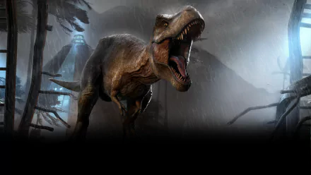 HD wallpaper featuring a roaring Tyrannosaurus Rex from Jurassic World Evolution 2 video game, set in a prehistoric forest background.