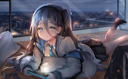 Tendou Alice from Blue Archive lounges by a dusk city window, holding a glowing tablet, soft smile in a school uniform — HD PC desktop wallpaper/background.