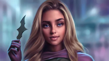 4K Ultra HD DC Comics wallpaper featuring a detailed, realistic portrait of Batgirl holding a batarang against a blurred cityscape background.