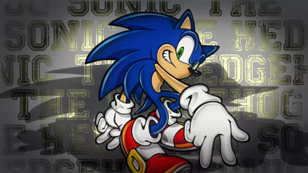 HD PC desktop wallpaper featuring Sonic the Hedgehog from the Sonic Adventure video game, showcasing Sonic in a dynamic pose with a stylized text background.