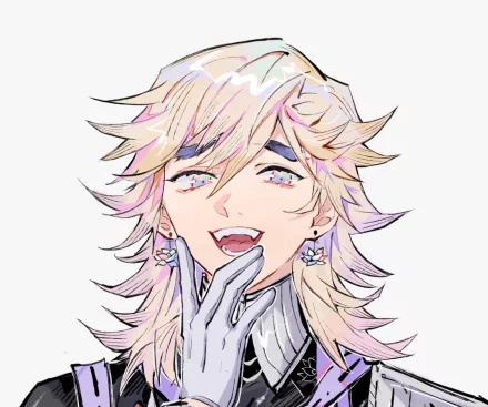 Doma from Demon Slayer: Kimetsu no Yaiba smiling, pastel hair, starry eyes and gloved hand — anime 2K Quad HD PC desktop wallpaper/background.