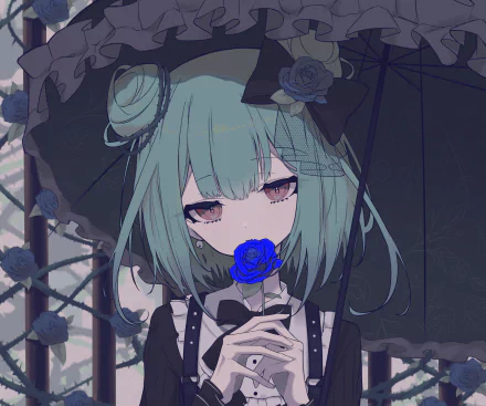2K Quad HD desktop wallpaper of hololive virtual YouTuber Uruha Rushia — melancholic green‑haired anime girl in gothic dress holding a blue rose beneath a black parasol.