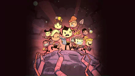 HD wallpaper of animated characters from Oxygen Not Included game on an alien planet background.