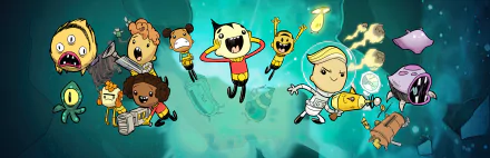HD wallpaper featuring animated characters from Oxygen Not Included video game, set against a space-themed background.