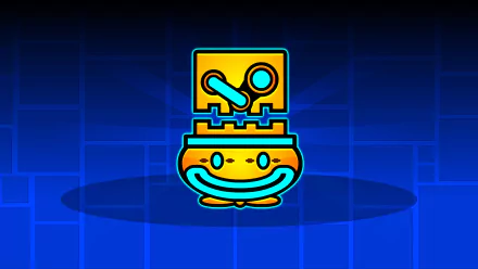 HD desktop wallpaper featuring a bright and colorful icon from Geometry Dash game against a blue geometric background.