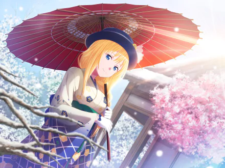 Alice Zuberg from Sword Art Online is depicted in a kimono holding a traditional red umbrella, set against a backdrop of cherry blossoms in this HD anime desktop wallpaper.