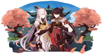 HD PC desktop wallpaper: Ningguang and Beidou from Genshin Impact posed before a temple amid pink cherry blossoms.