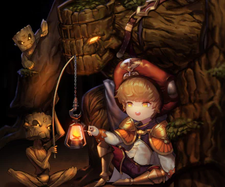 4K Ultra HD PC desktop wallpaper featuring Alef from Guardian Tales holding a lantern in a cozy, detailed cave setting with small creatures nearby.