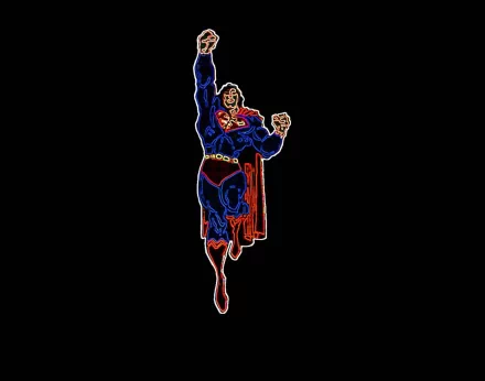 HD comic-style Superman desktop wallpaper featuring the iconic hero flying upward with a glowing outline against a black background.