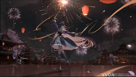 HD desktop wallpaper featuring Genshin Impact characters Keqing, Yoimiya, Hu Tao, Zhongli, Yun Jin, and Shenhe against a backdrop of fireworks in a festive night scene.
