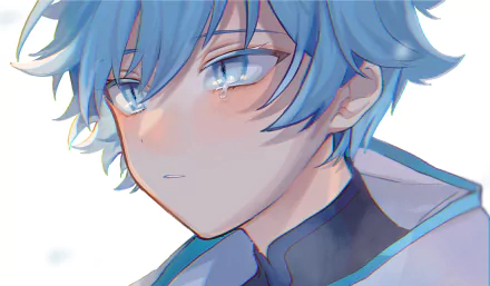 Chongyun (Genshin Impact) close-up portrait with icy blue hair and pale skin, artwork for a 2K Quad HD PC desktop wallpaper/background, video game character from Genshin Impact.