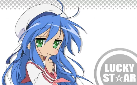 Anime-style HD desktop wallpaper featuring a character from Lucky Star with long blue hair, green eyes, and a sailor outfit against a white background.