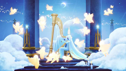 Sky: Children of the Light video game HD PC desktop wallpaper — cloaked figure plays a harp among glowing spirits, clouds and candles in a moonlit temple.