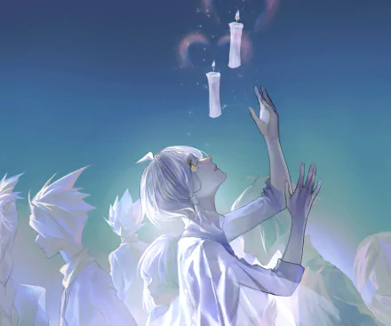 HD PC desktop wallpaper for Sky: Children of the Light — robed avatars reaching toward floating candles of light against a soft twilight sky.