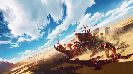 A vibrant 4K Ultra HD anime wallpaper from Sabikui Bisco, featuring a vast landscape with towering, rusted mechanical structures under a dynamic cloudy sky.