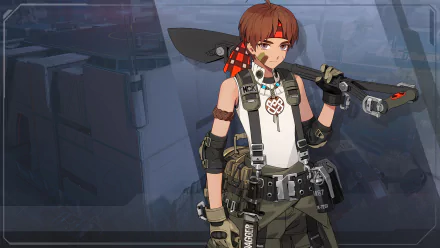 A character from the video game Eternal Return stands confidently with a weapon, set against a stylized background, creating a striking HD desktop wallpaper.