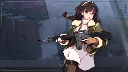 HD wallpaper featuring a female character from Eternal Return video game, holding a rifle, with a blurred urban background.