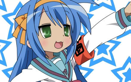 HD anime desktop wallpaper featuring Konata Izumi from Lucky Star with blue hair, green eyes, and a playful expression against a star-patterned background.