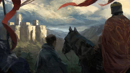HD desktop wallpaper of Crusader Kings III showing medieval figures overlooking a castle under a dynamic sky.