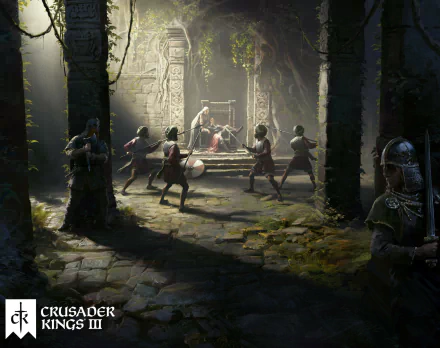 Crusader Kings III themed HD desktop wallpaper featuring medieval warriors in a forest