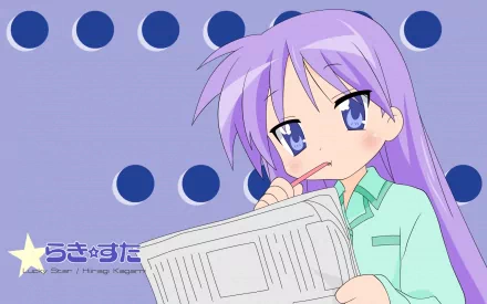 Kagami Hiiragi from Lucky Star — anime HD PC desktop wallpaper/background: purple-haired girl holding papers with a puzzled look on a blue polka-dot backdrop.