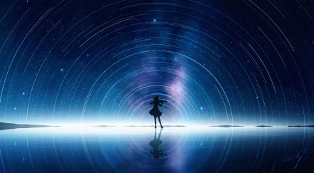 2K Quad HD PC desktop wallpaper: silhouetted anime girl on reflective water beneath an arced anime night sky with the Milky Way.