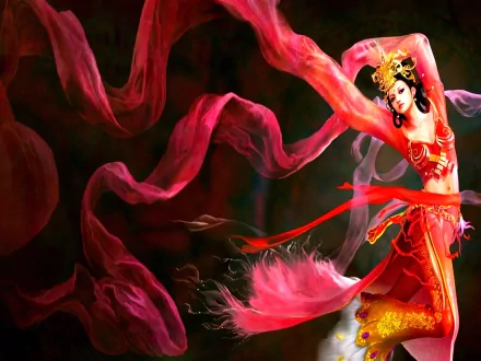 A fantasy-themed HD wallpaper featuring a woman dressed in vibrant red and gold attire, surrounded by flowing red and pink fabrics, set against a dark, dramatic background.