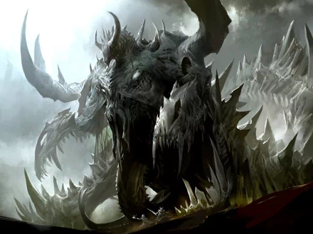 An HD desktop wallpaper featuring a fearsome fantasy monster with dragon-like characteristics, including sharp spikes and horns, emerging from a misty, ominous background.