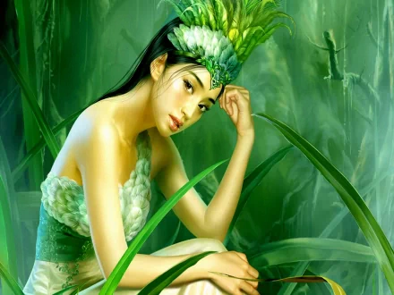A fantasy HD desktop wallpaper featuring a woman adorned in green feathers amidst lush greenery, creating an enchanting background ambiance.