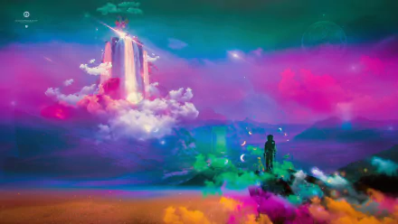 Artistic Desktopography 4K Ultra HD PC desktop wallpaper: vivid surreal landscape with a floating waterfall, neon clouds and a lone silhouetted figure on colorful terrain.