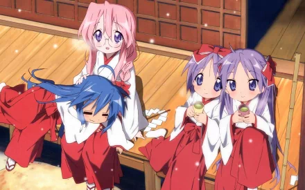 HD anime wallpaper featuring Miyuki Takara, Kagami Hiiragi, Tsukasa Hiiragi, and Konata Izumi from Lucky Star sitting indoors in red and white outfits.