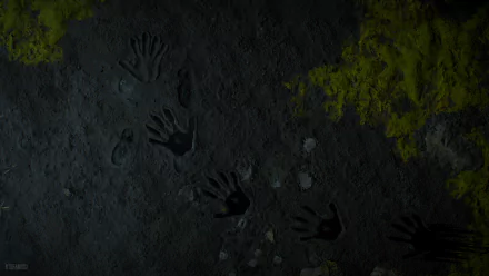 Dark, textured ground with embedded handprints and footprints, rendered as a 4K Ultra HD PC desktop wallpaper inspired by the video game Death Stranding.
