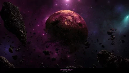 HD desktop wallpaper depicting a sci-fi scene of a planet surrounded by asteroids in a galaxy with a purple and blue nebula background.