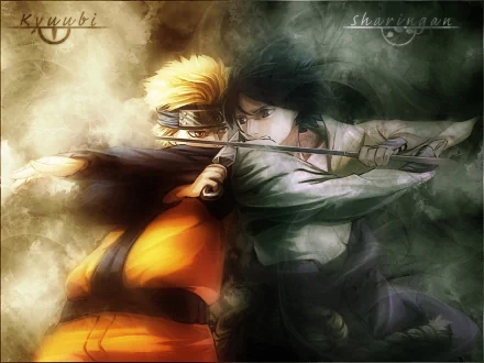 HD desktop wallpaper featuring Naruto Uzumaki and Sasuke Uchiha from the anime Naruto in an intense combat scene.