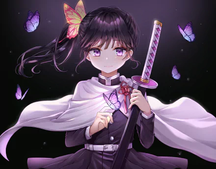 Kanao Tsuyuri from Demon Slayer: Kimetsu no Yaiba, anime 2K Quad HD PC desktop wallpaper — Kanao in a white cape holding her katana, surrounded by glowing purple butterflies against a dark backdrop.