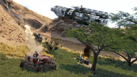 HD desktop wallpaper of Space Engineers game with a spaceship over rugged terrain and vehicles exploring a desert-like environment.